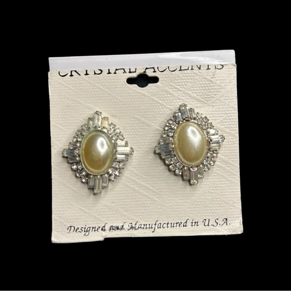 Silver Rhinestone & Pearl Clip-on Earrings by Crystal Accents
